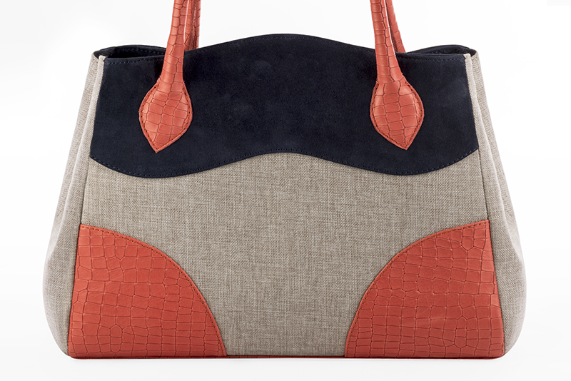 Natural beige, navy blue and coral orange women's dress handbag, matching pumps and belts. Profile view - Florence KOOIJMAN